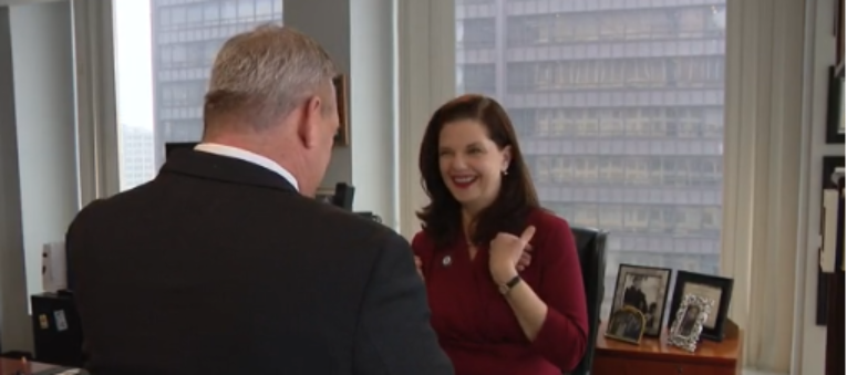 Judge Eileen Burke speaks with a journalist in her office in Chicago.