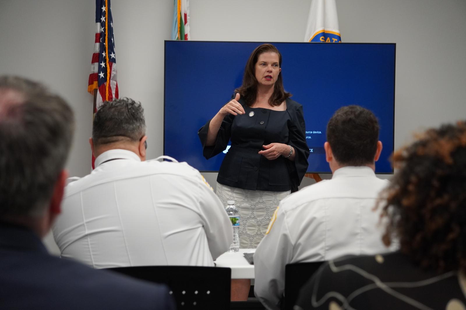 State's Attorney Eileen O'Neill Burke speaks to members of the Regional Transit Task Force